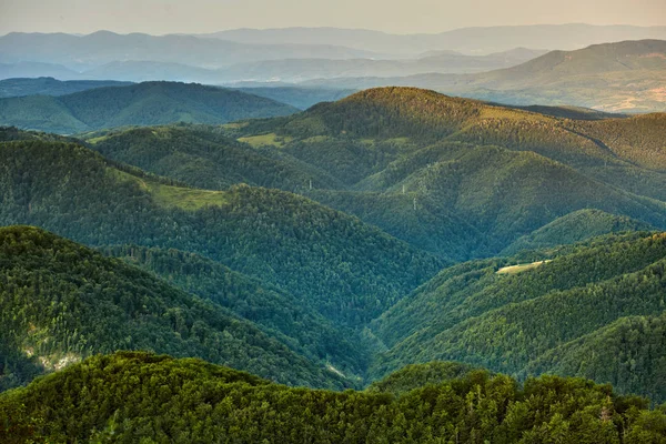 Γραφική Θέα Ανατολή Του Ηλίου Βουνά Καλυμμένα Δάση — Φωτογραφία Αρχείου