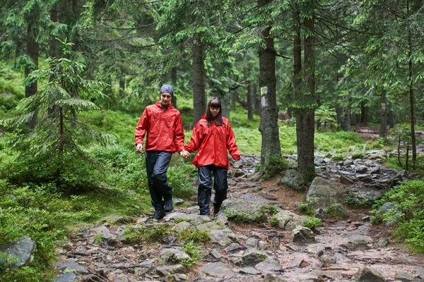 若いカップル風光明媚な緑の高原でのハイキング — ストック写真