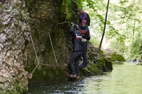 Bir grup insan dağ orman izinde hiking