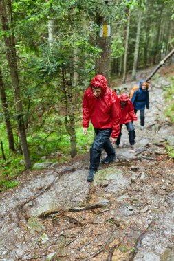 İn arkadaş grubu ile Dağlık bölgelerde hiking yağmurluklar