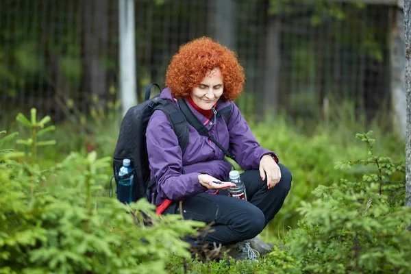 Vrouw Met Rugzak Huckleberries Plukken Trail — Stockfoto