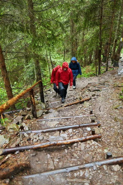 İn arkadaş grubu ile Dağlık bölgelerde hiking yağmurluklar