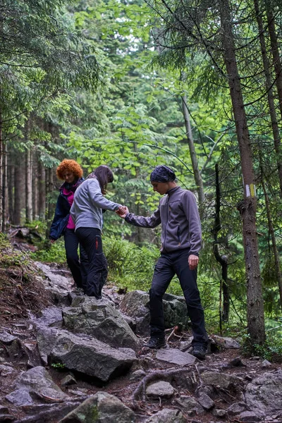 トレイルのハイキング山の森林に 休暇を過ごす人々 — ストック写真