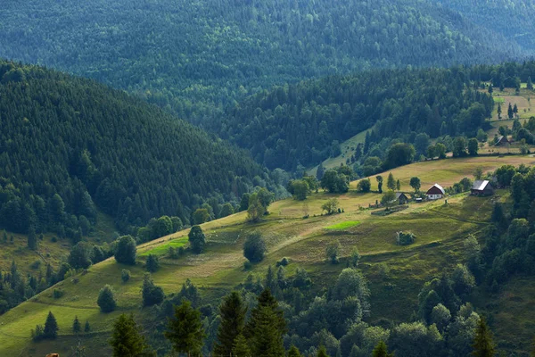 Vista Aérea Uma Aldeia Nas Montanhas Coberta Florestas — Fotografia de Stock