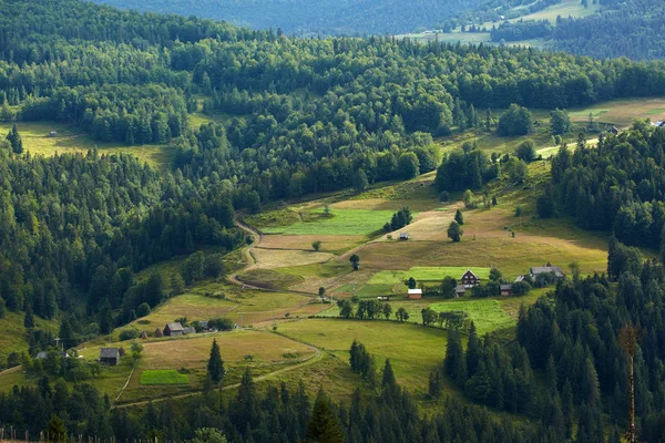 Luftfoto Landsby Bjergene Dækket Med Skove - Stock-foto