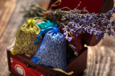 Closeup of potpourri sacks, lavender in small bags for aromatherapy clipart