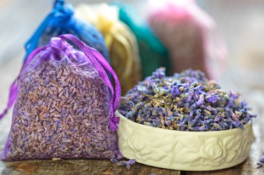 Closeup of potpourri sacks, lavender in small bags for aromatherapy clipart