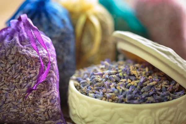 Gros Plan Sacs Potpourri Lavande Dans Petits Sacs Pour Aromathérapie — Photo