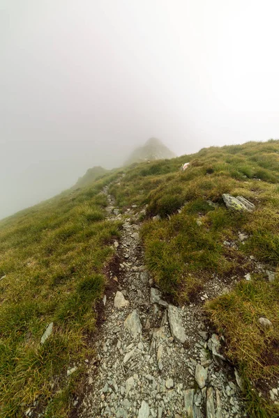 Alpint Landskap Med Vandringsled Går Berget Dimman — Stockfoto