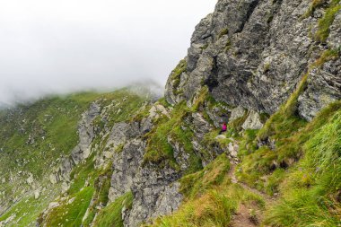 Rocky Dağları'nda bir iz yürüyüş sırt çantası ile kafkas kadın uzun yürüyüşe çıkan kimse