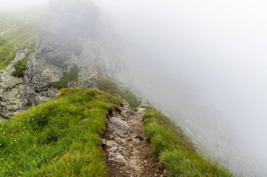 Dağlık arazide, sisli dağlarda yürüyüş izleri var.