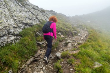 Rocky Dağları'nda bir iz yürüyüş sırt çantası ile kafkas kadın uzun yürüyüşe çıkan kimse