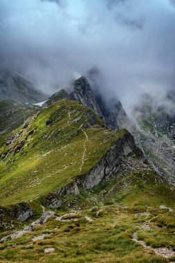 Dağlık arazide, sisli dağlarda yürüyüş izleri var.