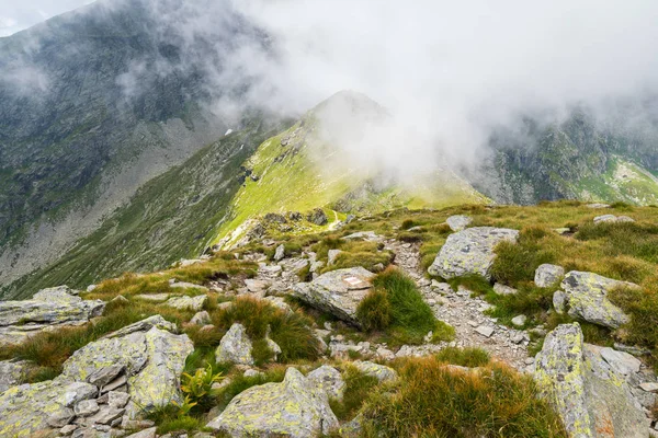 Paisagem Alpina Com Trilha Caminhadas Indo Montanha Névoa — Fotografia de Stock