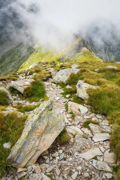 Paysage Alpin Avec Sentier Pédestre Allant Sur Montagne Dans Brume — Photo