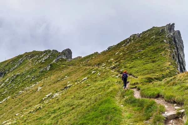 Caminante Mujer Caucásica Con Mochila Caminando Por Sendero Montañas Rocosas —  Fotos de Stock