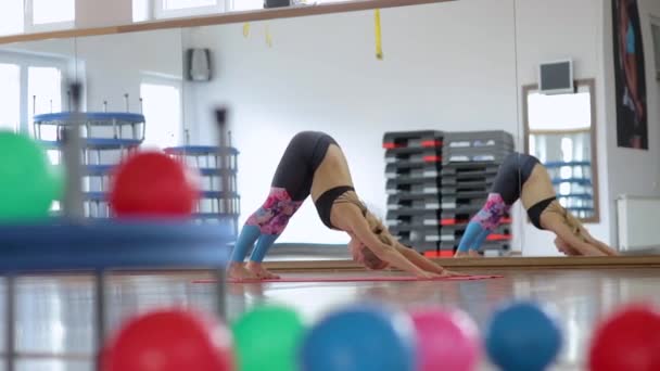 Jonge Vrouw Nemen Verschillende Yoga Houdingen Yoga Studio Interieur Achtergrond — Stockvideo