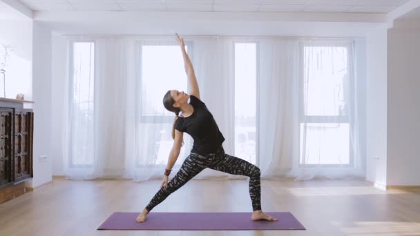 Mujer Joven Practicante Yoga Entrenador Indoor Practicando Varias Poses Yoga — Vídeos de Stock