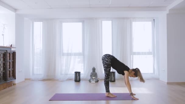 Jeune Femme Pratiquant Formateur Yoga Intérieur Pratiquant Diverses Poses Yoga — Video