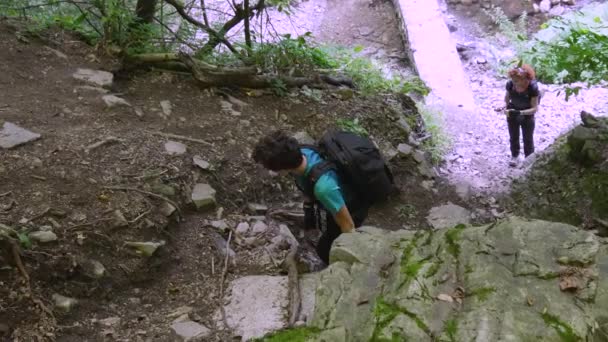昼間緑の木々 と植物に囲まれた急な山道を登るハイカーの家族 — ストック動画