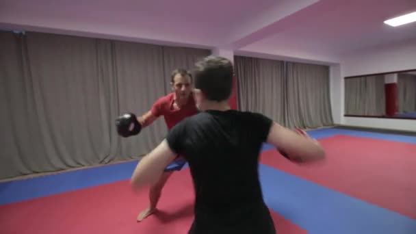 Young Kickboxing Fighter Hitting Pads His Coach Gym — Stock Video