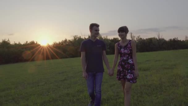 Junges Paar Bei Sonnenuntergang Auf Einer Weide — Stockvideo