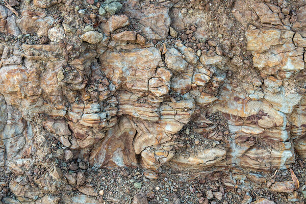 Closeup view of geological layers in archaeology site in details