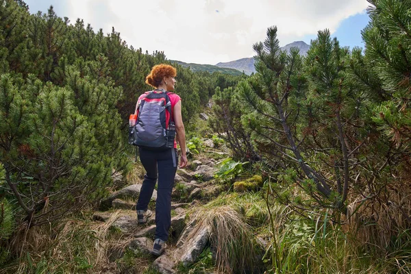 Středního Věku Žena Batohem Turistické Stezky Horách Dne — Stock fotografie