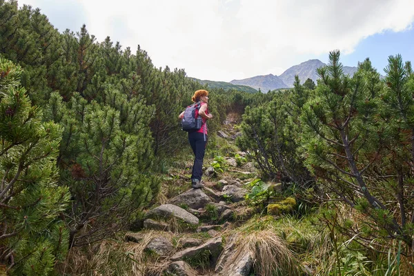 中年女性の昼間の山の道でハイキングのバックパック — ストック写真