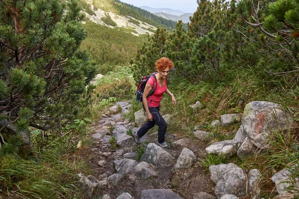Mulher Meia Idade Com Mochila Caminhadas Trilha Montanhas Durante Dia — Fotografia de Stock