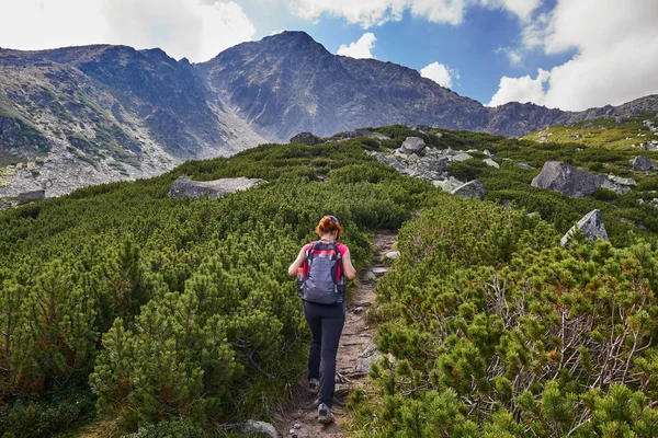 Donna Mezza Età Con Zaino Escursionismo Sul Sentiero Montagna Giorno — Foto Stock