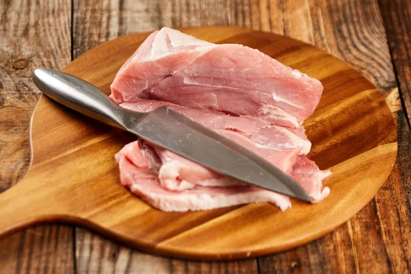 Sliced Pork Leg Chef Knife Wooden Board — Stock Photo, Image