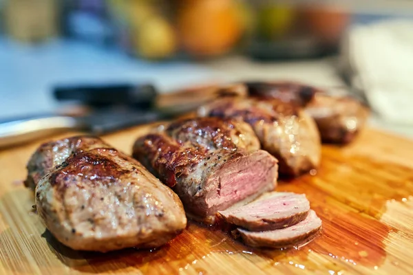 Juicy Duck Breast Steak Sliced Wooden Board — Stock Photo, Image