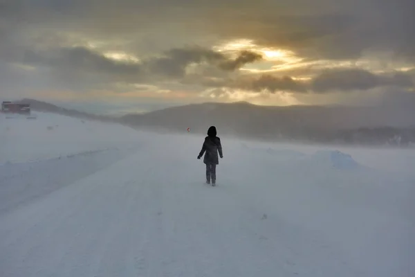 Donna Che Cammina Sola Nella Tempesta Neve Tramonto — Foto Stock