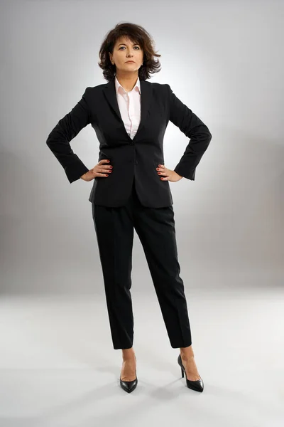 Full Length Businesswoman Suit Hands Hips — Stock Photo, Image