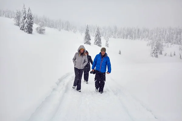 Freunde Auf Einer Bergwanderung Winterurlaub — Stockfoto
