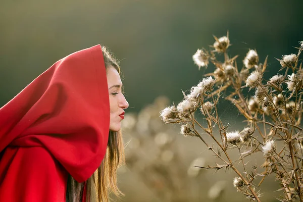 Femme Habillée Chaperon Rouge Dans Diverses Postures Dans Forêt — Photo