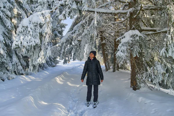 Felice Signora Turistica Nella Sua Vacanza Invernale Montagna Foto Stock