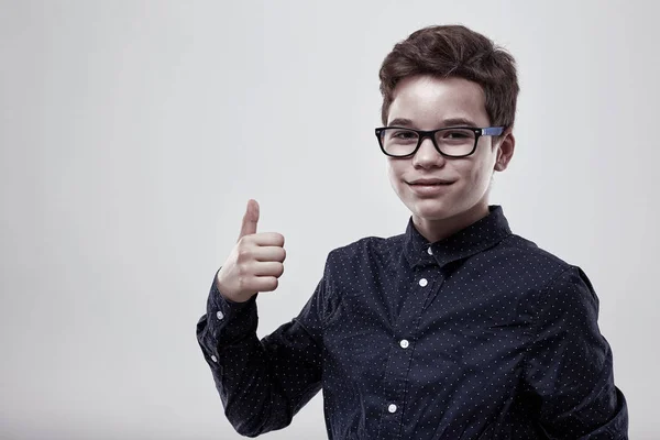 Schoolboy Showing Thumbs Sign Gray Background — Stock Photo, Image