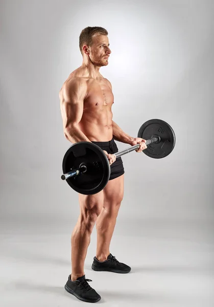 Man Doing Biceps Curl Barbell Studio — Stock Photo, Image