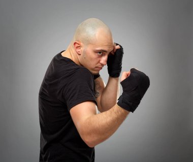 Boksör gölge boks gri arka plan üzerinde Studio