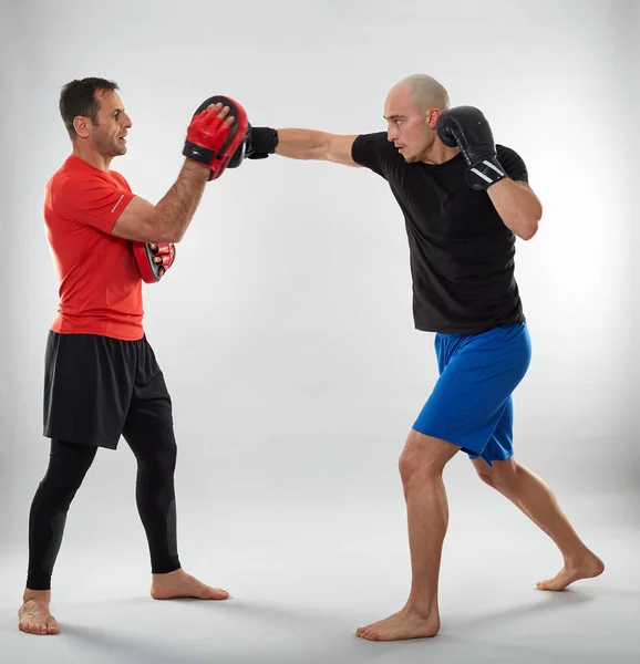 Joven Luchador Kickboxing Golpeando Guantes Con Entrenador Fondo Gris —  Fotos de Stock