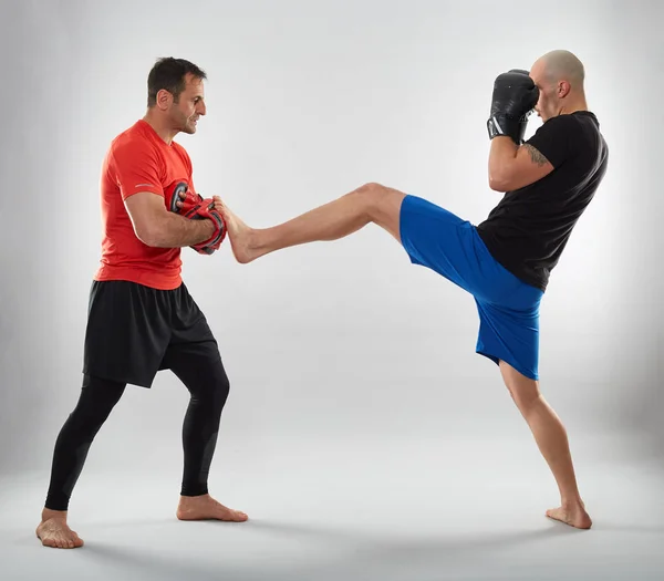 Junger Kickbox Kämpfer Schlägt Mit Seinem Trainer Auf Handschuhe Grauer — Stockfoto