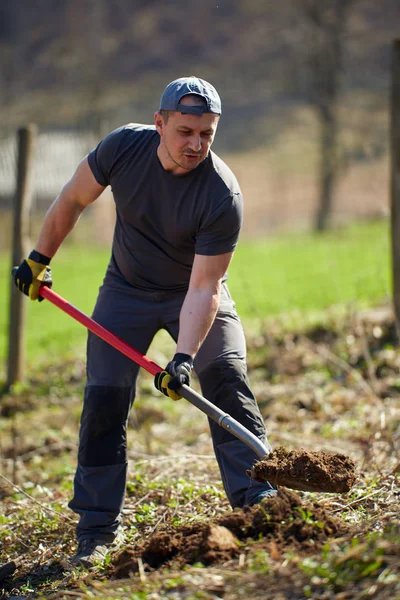 Fermier Plantant Noyer Dans Son Verger Jour — Photo