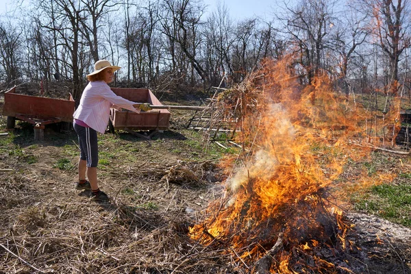 Woman Farmer Spring Cleaning Burning Cut Branches Fallen Leaves Backyard — Stock Photo, Image