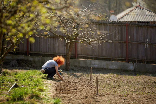 Femme Rousse Caucasienne Agriculteur Plantant Diverses Graines Dans Son Jardin — Photo