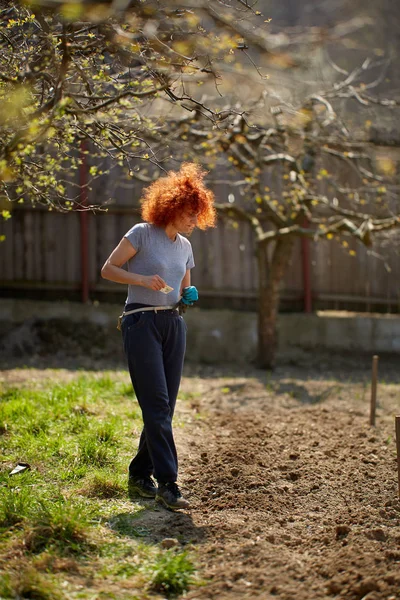 Beyaz Kızıl Saçlı Kadın Çiftçi Bahçesine Çeşitli Tohumlar Ekiyor — Stok fotoğraf