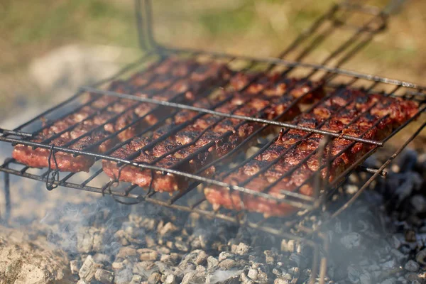 Meat Rolls Being Grilled Outdoor Countryside — Stock Photo, Image