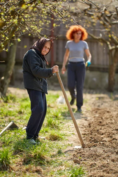 Caucasian Woman Farmer Her Mother Working Garden — Stock Photo, Image