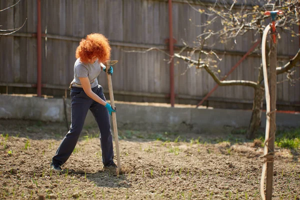 Donna Che Lavoro Giardino Con Una Zappa — Foto Stock